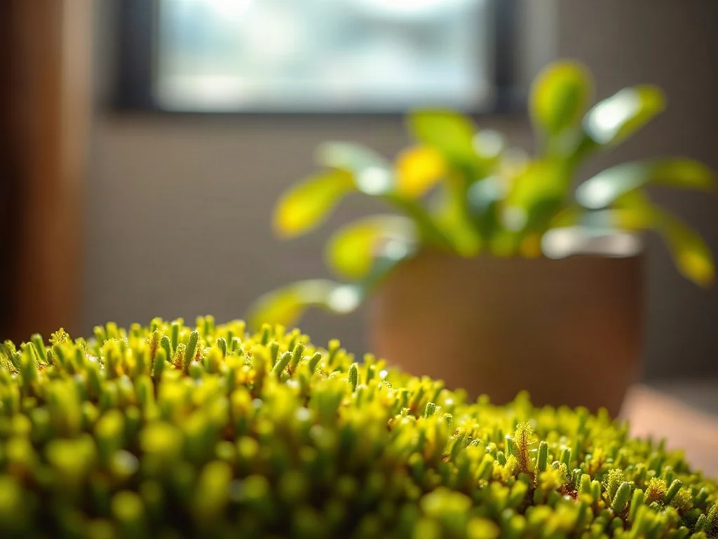 Zbliżenie na świeży, soczyście zielony mech torfowiec, stanowiący naturalne podłoże dla roślin doniczkowych.