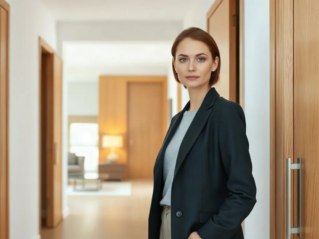 Kobieta w jasnym przedpokoju stoi obok eleganckich drewnianych drzwi, które harmonizują z minimalistycznym wnętrzem.