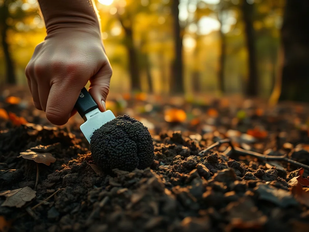 Osoba wykopuje świeżą czarną truflę z ciemnej leśnej gleby w dębowym lesie skąpanym w jesiennym świetle.