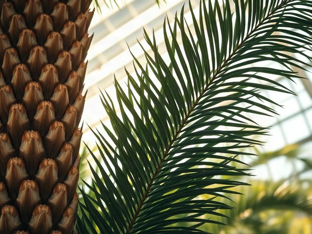 Zbliżenie na soczyście zielone liście i charakterystyczny pień sagowca (Cycas revoluta) w słonecznej oranżerii.