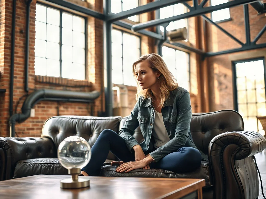 Stylowy loft z czerwoną cegłą, metalowymi detalami i skórzaną kanapą, prezentujący przytulny, industrialny klimat wnętrza.