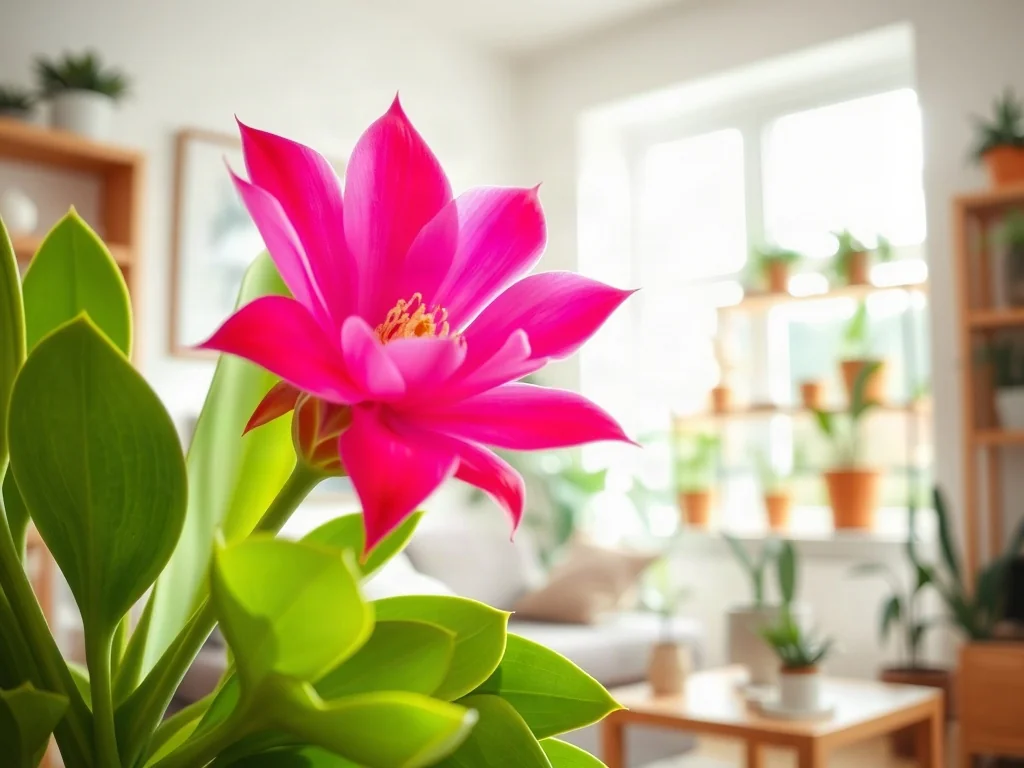 Kwitnący na różowo kaktus liściasty Epiphyllum na tle jasnego, nowoczesnego salonu z roślinami doniczkowymi.